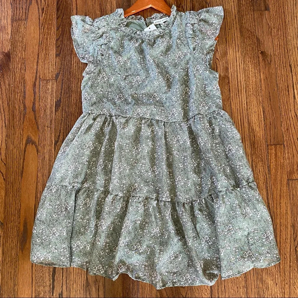 Moon River Ruffle Neck Floral Green Babydoll Mini Dress‎ Anthropologie M